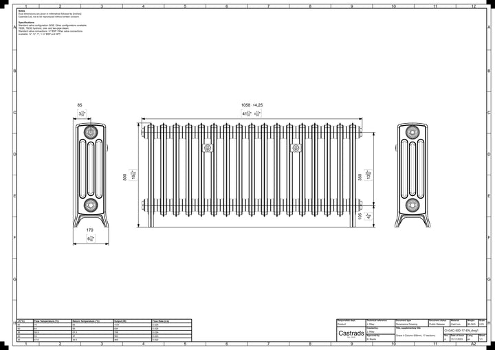 Grace - Ceramic White Cast Iron Column Radiator H500mm x W1059mm 4 Column - Floor Standing