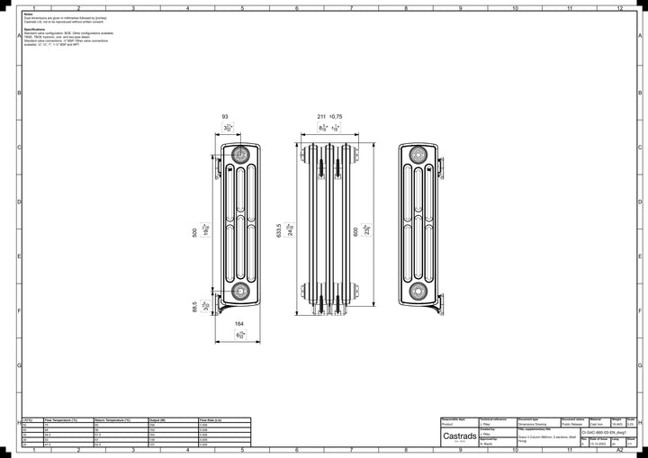 Grace - Ceramic White Cast Iron Column Radiator H600mm x W212mm 4 Column - Wall Hung