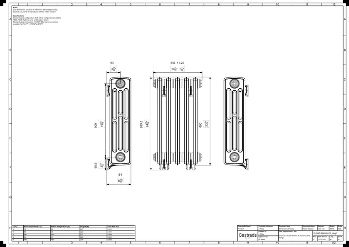 Grace - Anthracite Cast Iron Column Radiator H600mm x W333mm 4 Column - Wall Hung