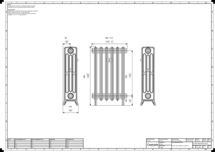 Grace - Anthracite Cast Iron Column Radiator H650mm x W393mm 4 Column - Floor Standing