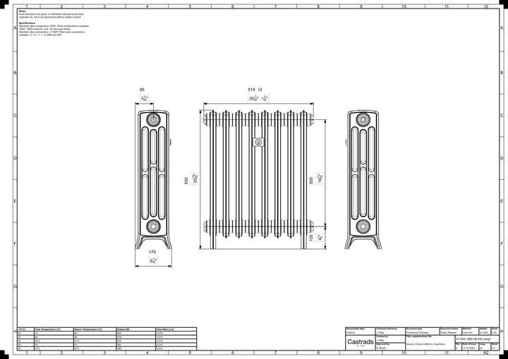 Grace - Ceramic White Cast Iron Column Radiator H650mm x W514mm 4 Column - Floor Standing