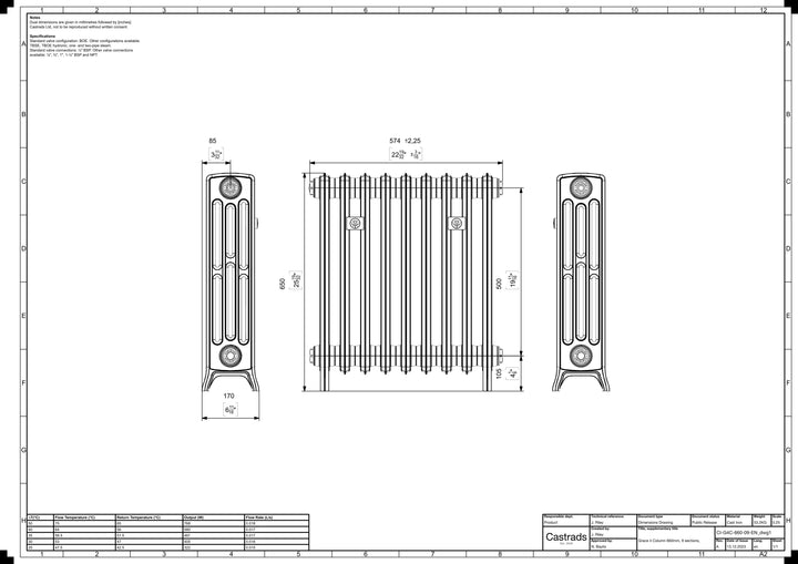 Grace - Ceramic White Cast Iron Column Radiator H650mm x W575mm 4 Column - Floor Standing