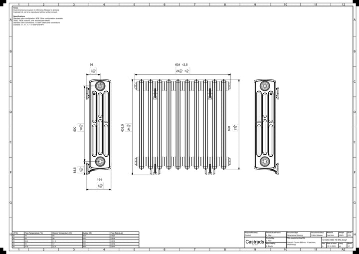 Grace - Anthracite Cast Iron Column Radiator H600mm x W635mm 4 Column - Wall Hung