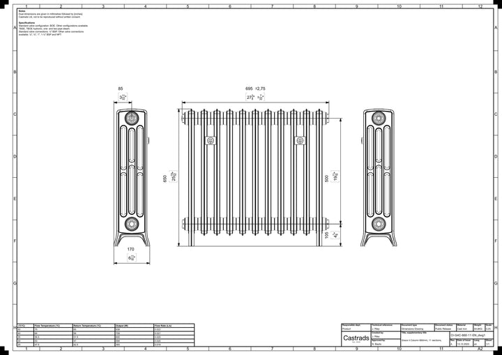Grace - Quartz Grey Cast Iron Column Radiator H650mm x W696mm 4 Column - Floor Standing