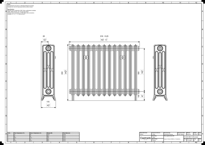 Grace - Anthracite Cast Iron Column Radiator H650mm x W817mm 4 Column - Floor Standing