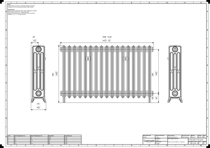 Grace - Anthracite Cast Iron Column Radiator H650mm x W1059mm 4 Column - Floor Standing