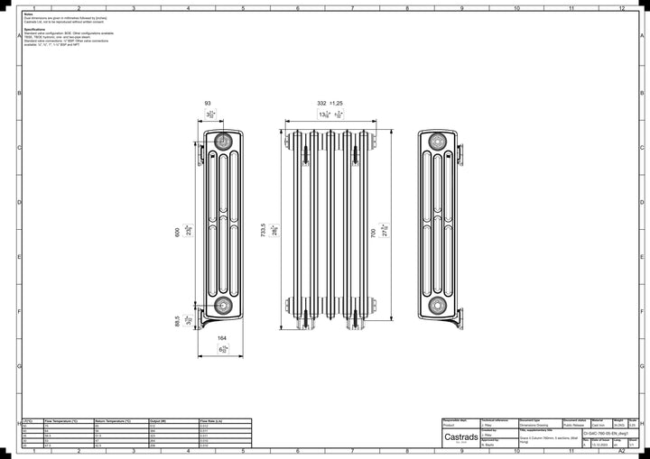 Grace - Anthracite Cast Iron Column Radiator H700mm x W333mm 4 Column - Wall Hung