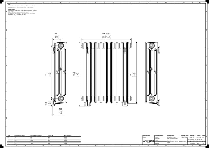 Grace - Anthracite Cast Iron Column Radiator H700mm x W575mm 4 Column - Wall Hung