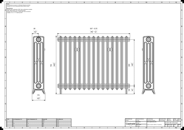 Grace - Ceramic White Cast Iron Column Radiator H750mm x W938mm 4 Column - Floor Standing