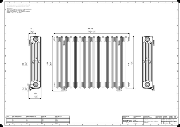 Grace - Anthracite Cast Iron Column Radiator H700mm x W998mm 4 Column - Wall Hung