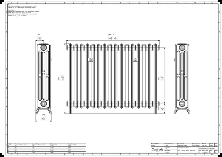Grace - Ceramic White Cast Iron Column Radiator H750mm x W998mm 4 Column - Floor Standing