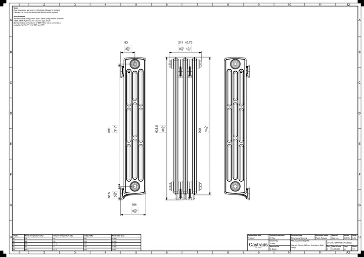 Grace - Anthracite Cast Iron Column Radiator H898mm x W212mm 4 Column - Wall Hung