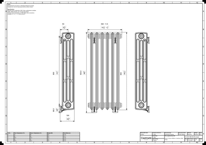 Grace - Quartz Grey Cast Iron Column Radiator H898mm x W393mm 4 Column - Wall Hung