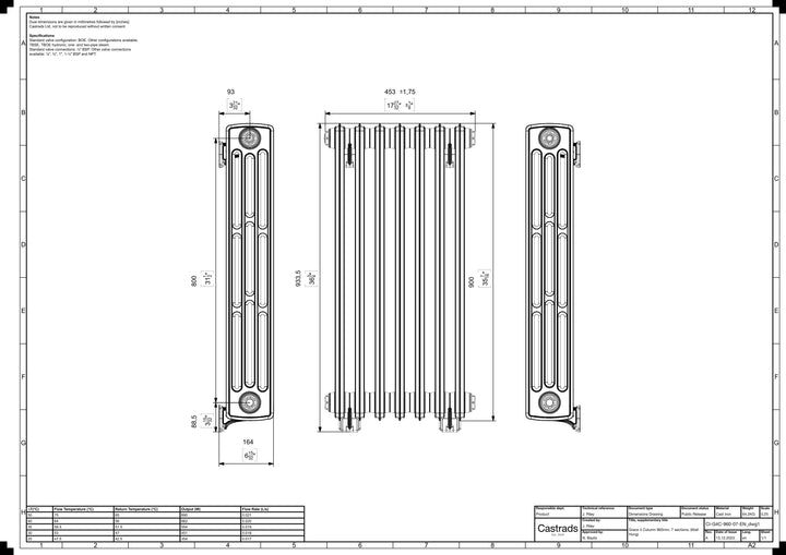Grace - Anthracite Cast Iron Column Radiator H898mm x W454mm 4 Column - Wall Hung