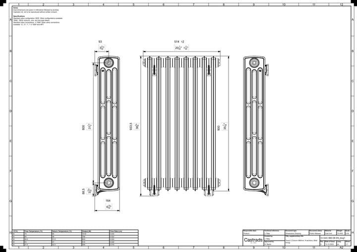 Grace - Ceramic White Cast Iron Column Radiator H898mm x W514mm 4 Column - Wall Hung