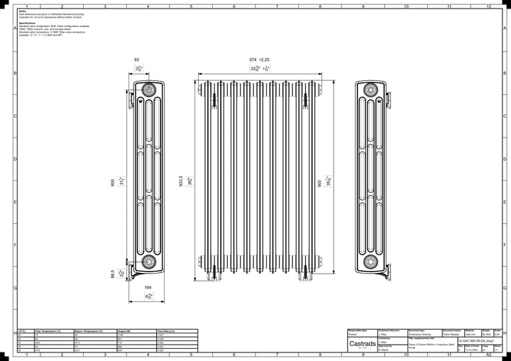 Grace - Ceramic White Cast Iron Column Radiator H898mm x W575mm 4 Column - Wall Hung