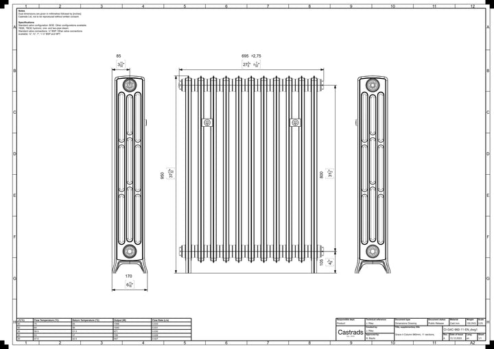 Grace - Pebble Grey Cast Iron Column Radiator H950mm x W696mm 4 Column - Floor Standing