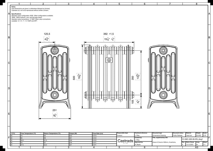 Grace - Ceramic White Cast Iron Column Radiator H500mm x W393mm 6 Column - Floor Standing