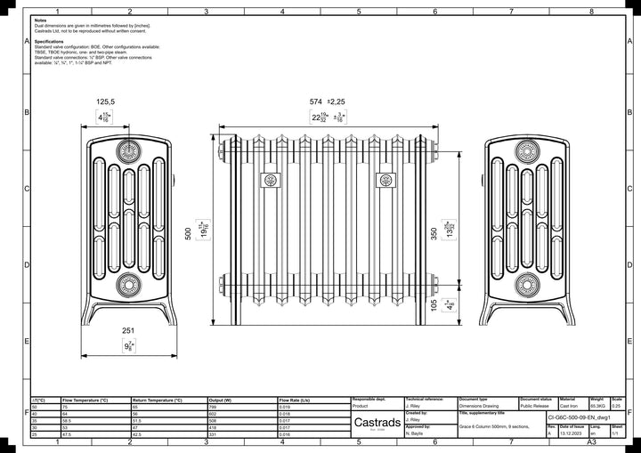 Grace - Ceramic White Cast Iron Column Radiator H500mm x W575mm 6 Column - Floor Standing