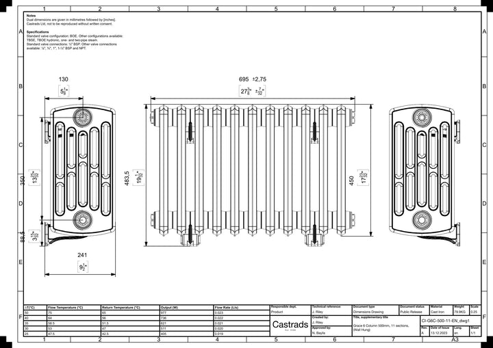Grace - Black Iron Cast Iron Column Radiator H450mm x W696mm 4 Column - Wall Hung