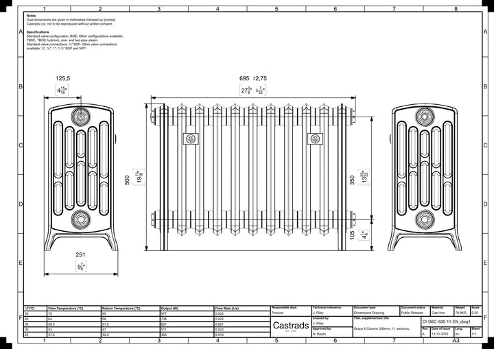 Grace - Ceramic White Cast Iron Column Radiator H500mm x W696mm 6 Column - Floor Standing