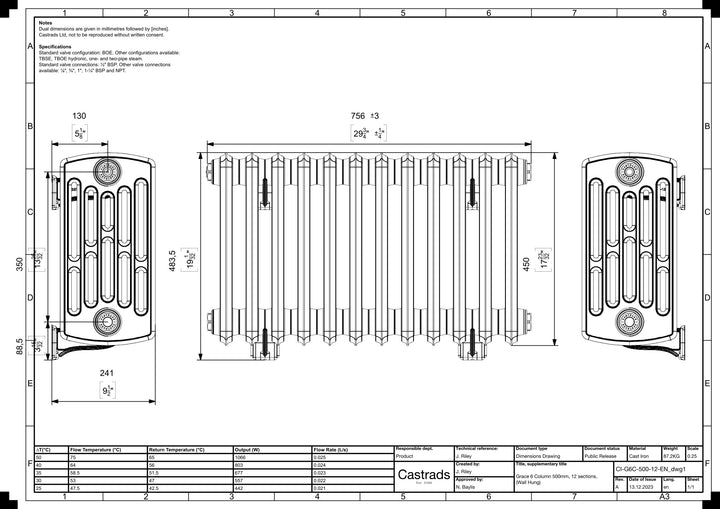 Grace - Chalk White Cast Iron Column Radiator H450mm x W756mm 6 Column - Wall Hung