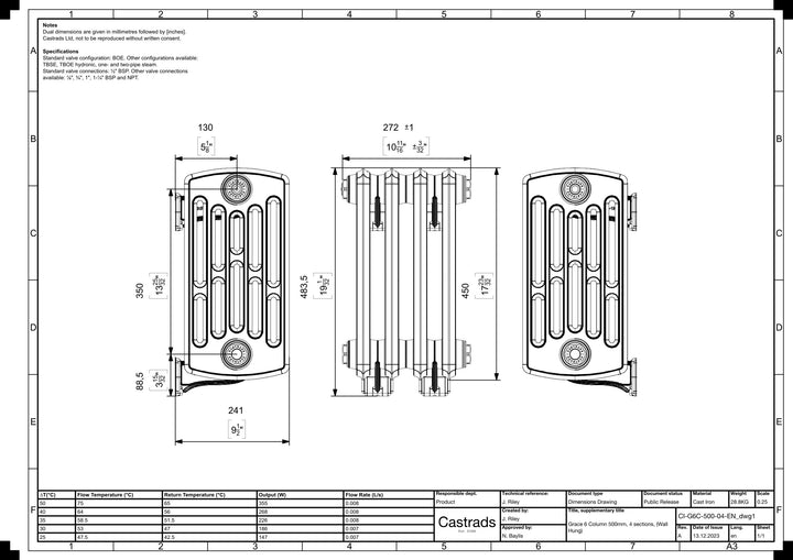 Grace - Astral Grey Dark Cast Iron Column Radiator H450mm x W272mm 4 Column - Wall Hung