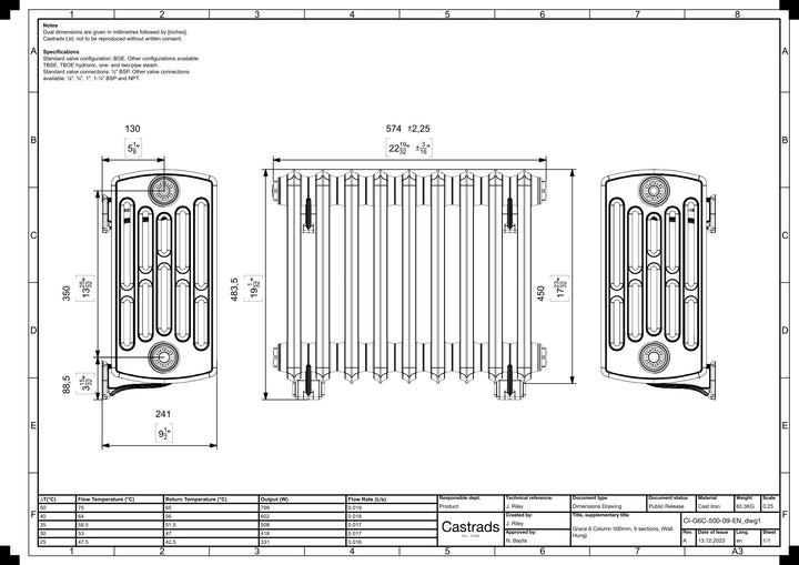 Grace - Black Iron Cast Iron Column Radiator H450mm x W575mm 4 Column - Wall Hung