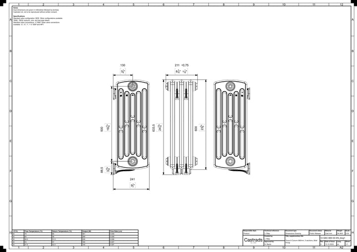 Grace - Anthracite Cast Iron Column Radiator H600mm x W212mm 6 Column - Wall Hung