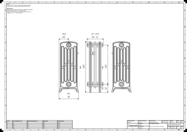 Grace - Ceramic White Cast Iron Column Radiator H650mm x W212mm 6 Column - Floor Standing
