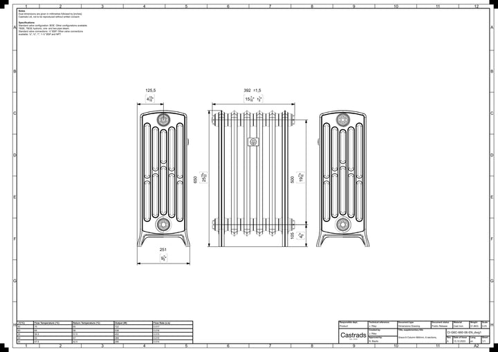 Grace - Ceramic White Cast Iron Column Radiator H650mm x W393mm 6 Column - Floor Standing