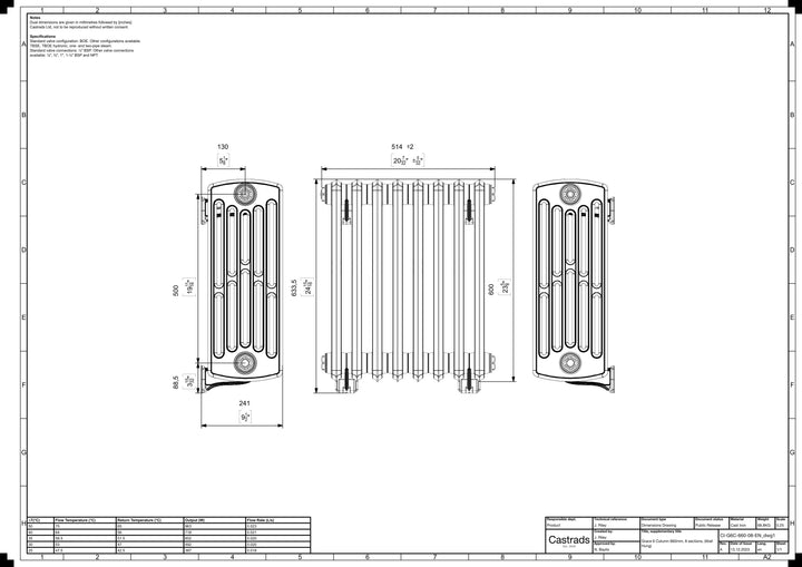 Grace - Ceramic White Cast Iron Column Radiator H600mm x W514mm 6 Column - Wall Hung