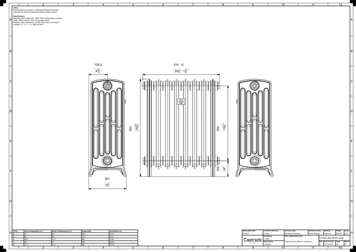 Grace - Ceramic White Cast Iron Column Radiator H650mm x W514mm 6 Column - Floor Standing