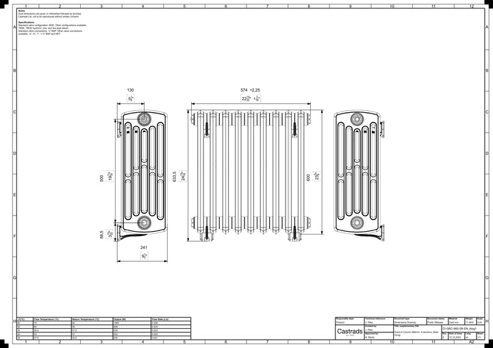 Grace - Ceramic White Cast Iron Column Radiator H600mm x W575mm 6 Column - Wall Hung
