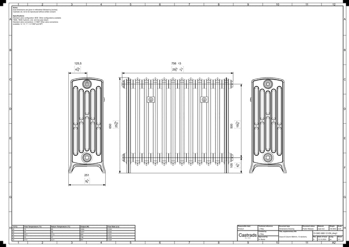 Grace - Ceramic White Cast Iron Column Radiator H650mm x W756mm 6 Column - Floor Standing