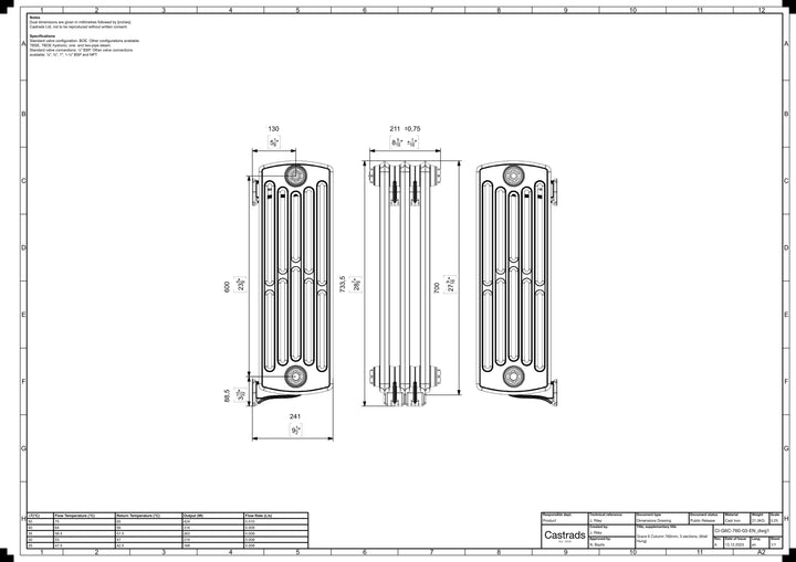 Grace - Ceramic White Cast Iron Column Radiator H700mm x W212mm 6 Column - Wall Hung