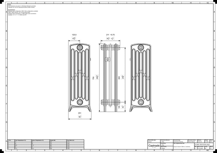 Grace - Ceramic White Cast Iron Column Radiator H750mm x W212mm 6 Column - Floor Standing