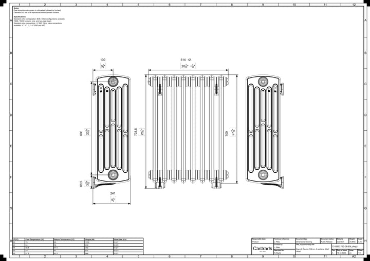 Grace - Ceramic White Cast Iron Column Radiator H700mm x W514mm 6 Column - Wall Hung