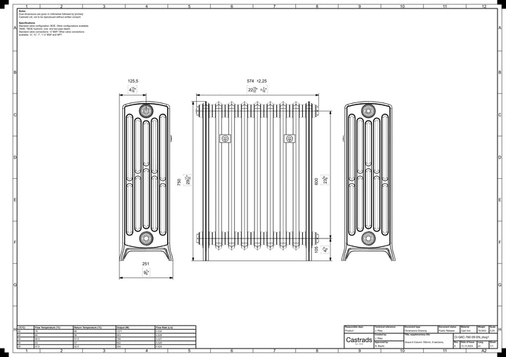 Grace - Ceramic White Cast Iron Column Radiator H750mm x W575mm 6 Column - Floor Standing
