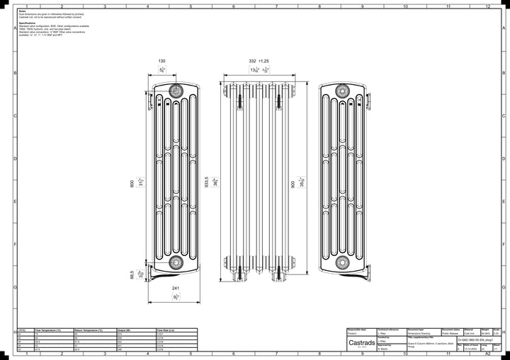 Grace - Anthracite Cast Iron Column Radiator H900mm x W333mm 6 Column - Wall Hung