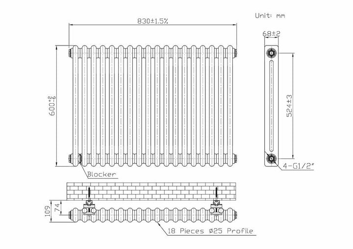 Laser Klassic - White 2 Column Radiator H600mm x W830mm