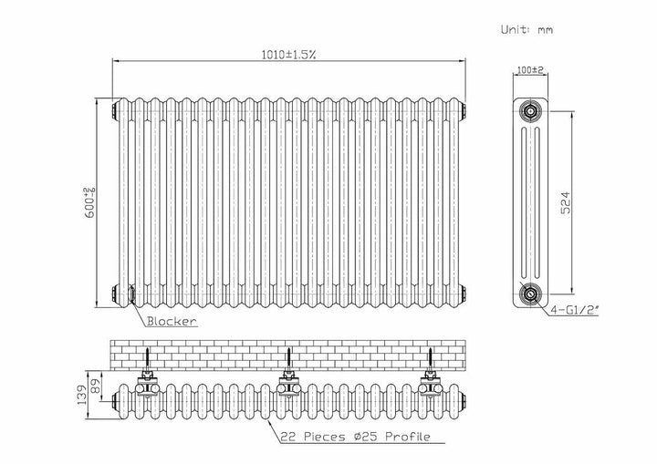 Laser Klassic - White 3 Column Radiator H600mm x W1010mm