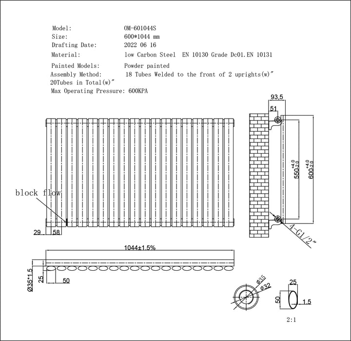 Omeara - Black Horizontal Radiator H600mm x W1044mm Single Panel