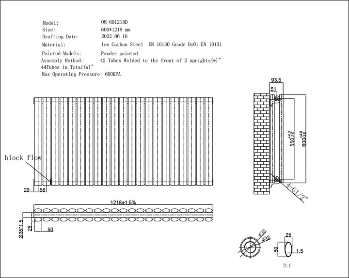 Omeara - Black Horizontal Radiator H600mm x W1218mm Double Panel