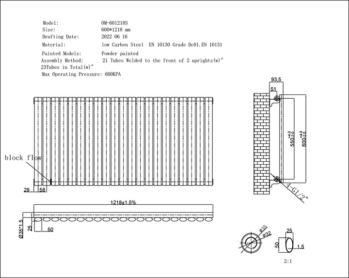 Omeara - White Horizontal Radiator H600mm x W1218mm Single Panel