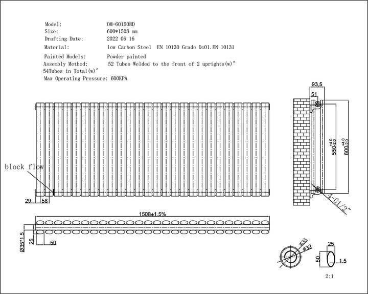 Omeara - Black Horizontal Radiator H600mm x W1508mm Double Panel