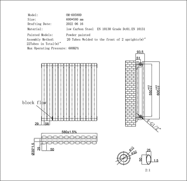 Omeara Anthracite Horizontal Electric Radiator H600 x W580mm Double Panel 500w Thermostatic WIFI - Feet Included