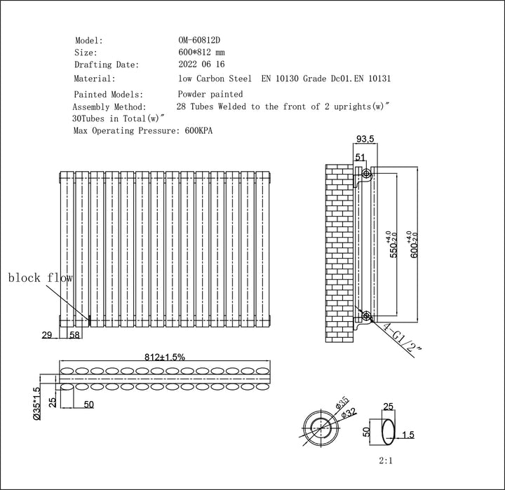 Omeara Black Horizontal Electric Radiator H600 x W812mm Double Panel 800w Thermostatic WIFI - Feet Included