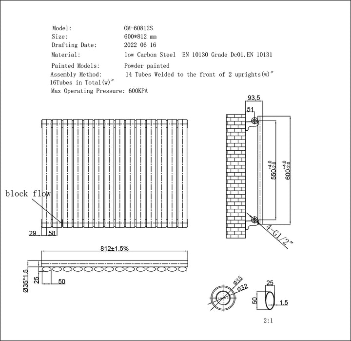 Omeara - Black Horizontal Radiator H600mm x W812mm Single Panel