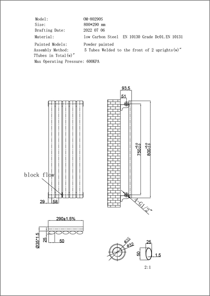 Omeara - White Designer Radiator H800mm x W290mm Single Panel - Feet Included